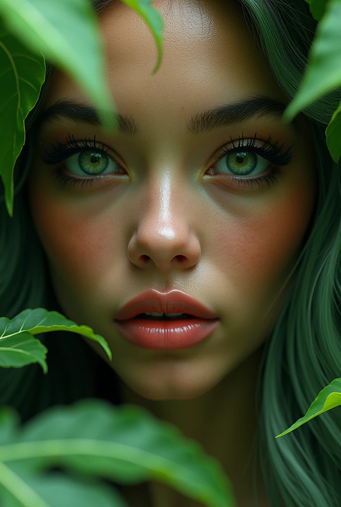 Striking closeup shot of an alien-dryad princess, fantastical being with green skin and luminous veins, a hybrid of human and plant-like features, skin with a rough texture, amber sap color eyes, red-green slime::8 , dark green lips, tree bark texture, dreadlock hair of green vine, head delicately decorated with autumn leaves, moss and small white wildflowers, tattered shredded top of leaves, rounded top, dynamic posing, majestic and impositive, biophilic, solarpunk, hyper realistic, sharp focus, hyper-maximalism,photo-realistic,insanely detailed,unreal engine,HDR,8k