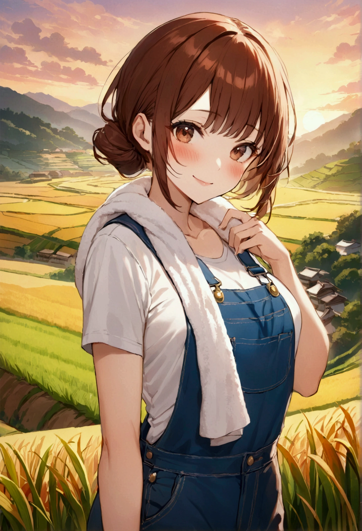 Yumi Fukuzawa、Shiny brown hair,Medium Hair, 、(( High Twintails、)),Beautiful brown eyes、Sparkling eyes, fine grain、smile、Very fine eye、Very detailed顔, Very detailed目,Cowboy Shot、
(Photorealistic:1.4, 8k), Highest quality, masterpiece, 超High resolution, Perfect dynamic composition,Highest quality, Very detailed, Very delicate and beautiful, High resolution, Very detailedCG, masterpiece,
Only one female, leaning, Are standing,(nude jumpsuit overalls) stylish, Mature Woman, Blushing Smile, (masterpiece Highest quality:1.2) Delicate illustrations, super detailed, , break (Paddy field) Outdoor, (Rice terraces:1.2), countryside, noon, Detailed Background