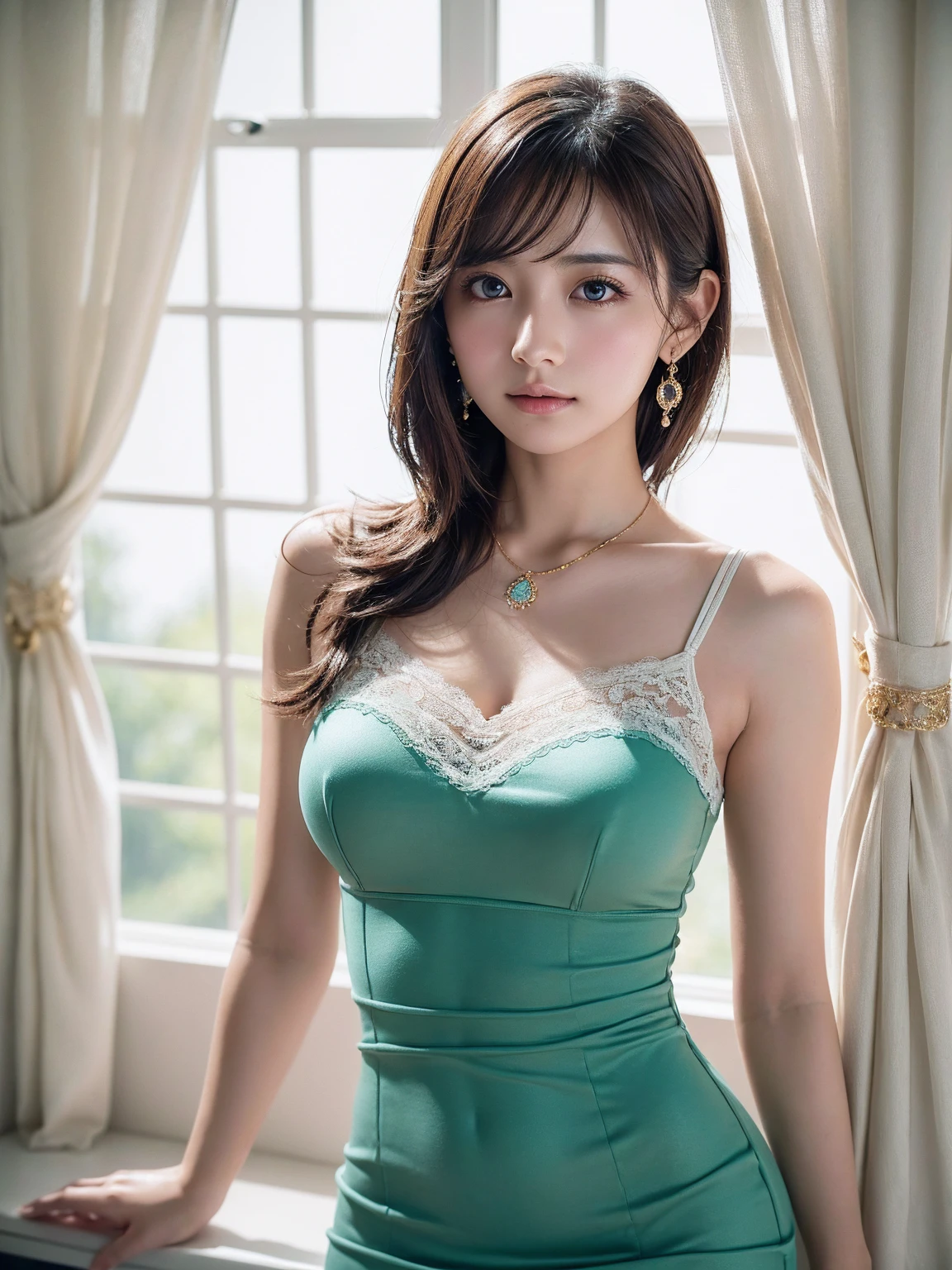 realistic photos of 1 cute Korean female, Shoulder-length hair, thin makeup, medium breasts size, slightly smile, wearing dress, in the hall, cut-in, overexposure, caustics, motion blur, cinematic lighting, UHD, high details, 16k