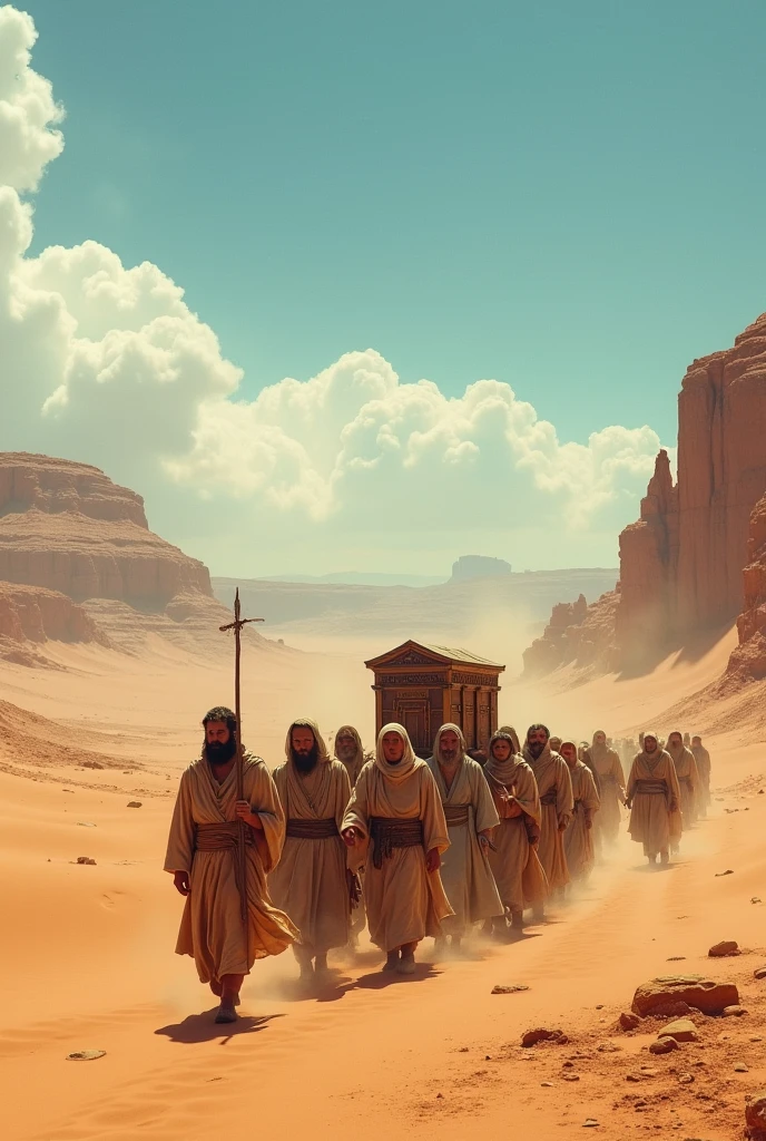 The people walking carrying the ark of the covenant through the desert ...