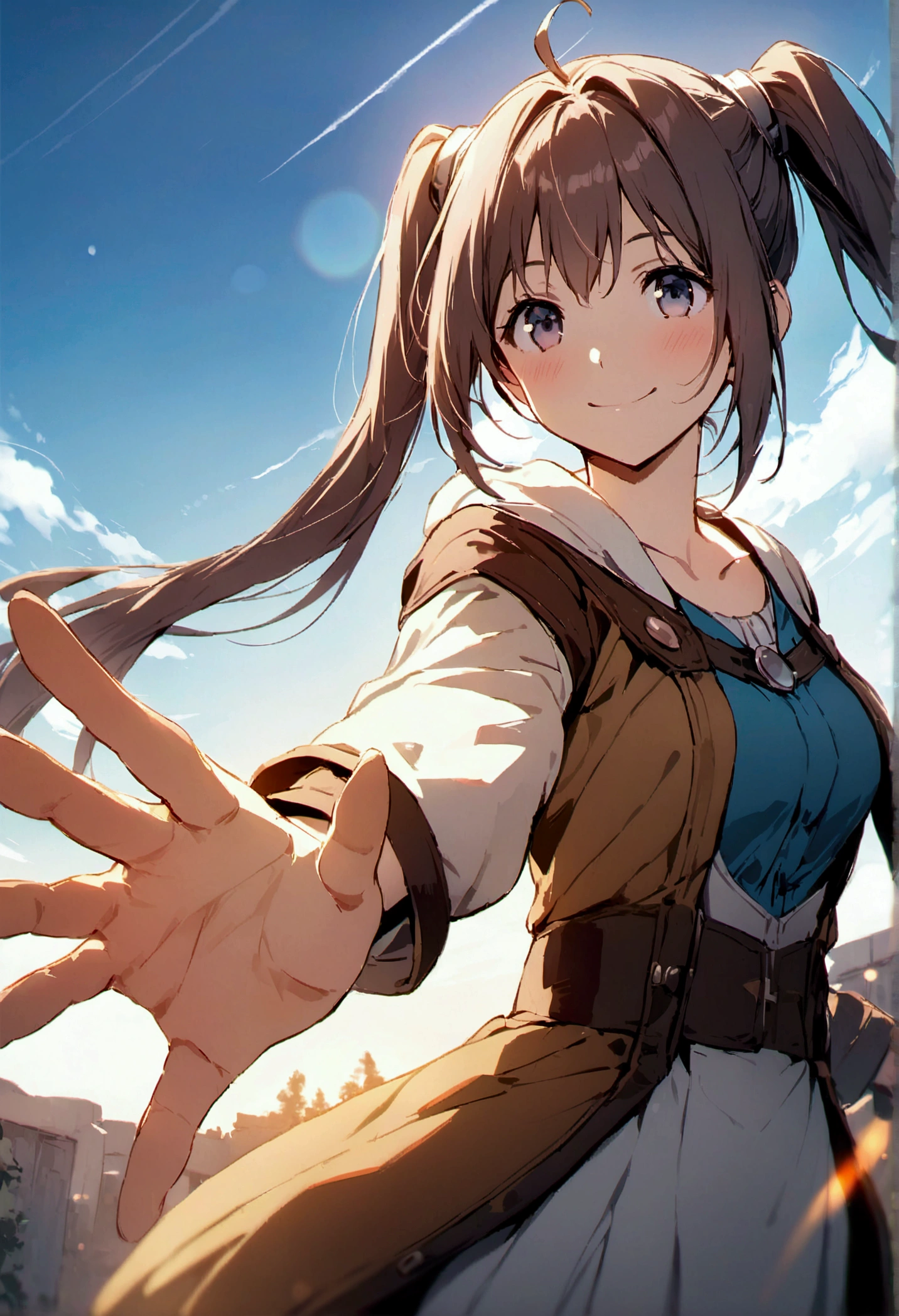 Hairstyle: Long twin tails、Background is sky、High image quality、Reaching out、Atmospheric Perspective、Lens Flare、blue sky、smile