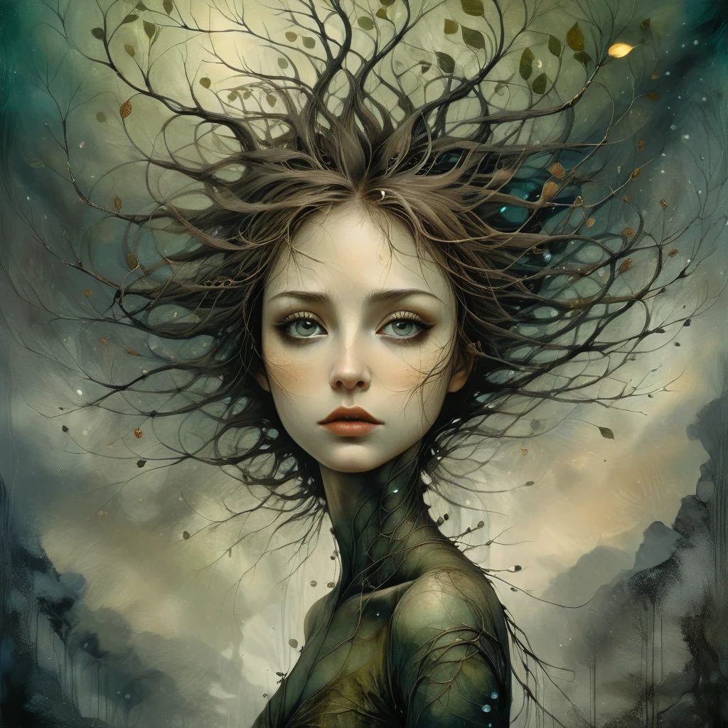 oil and acrylic painting. In the style of Andy Kehoe, Dave McKean. Full figure. A young woman is the tree of life. Her hair are branches moving through the sky like blown glass tubes, her legs are the roots, big and strong sinking into the earth and sinking like drops of ink into water. dark blond hair, gray-green eyes, pale pink lips. detailed face, beautiful eyes, long eyelashes, elegant expression, medieval fantasy landscape, dramatic lighting, moody atmosphere, cinematic composition, digital painting, highly detailed, photorealistic, dramatic lighting, complementary color scheme, intricate details, epic scale, dramatic mood
