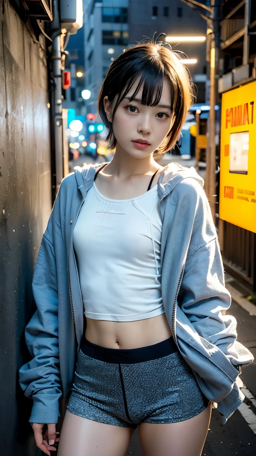 masterpiece, Highest quality, Very detailed, 8k, Realistic, One Girl, alone, Tomboy, Very detailed face, (head shot:1.5), Standing in front of a wall covered in hip hop graffiti, Cyberpunk neon cityscape,Pixie cut white hair, She is wearing a short neon tank top and an open hoodie....,I can see your chest,Nice ass,