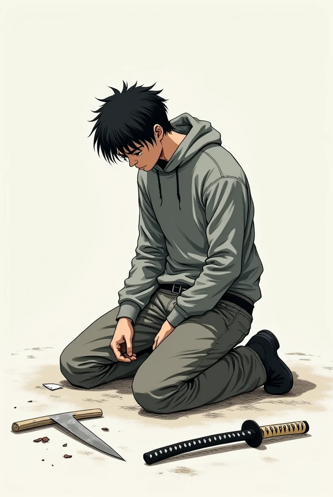 Man in pants and sweatshirt , with a broken katana , on his knees with ...