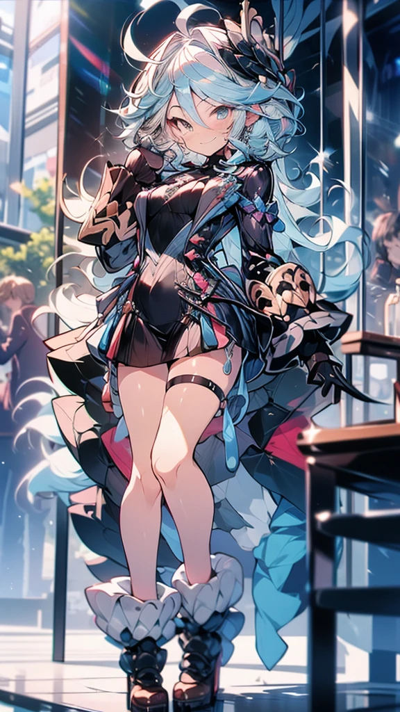 (((Best Quality))) , ((full body)), female, character design, solo, ( white background:1.3), holding sword, thigh high, summer outfit, colorful outfit, bare arms, Bust Bodice, bare waist, standing, backless casual dress, bikini, side slit skirt, gloves,