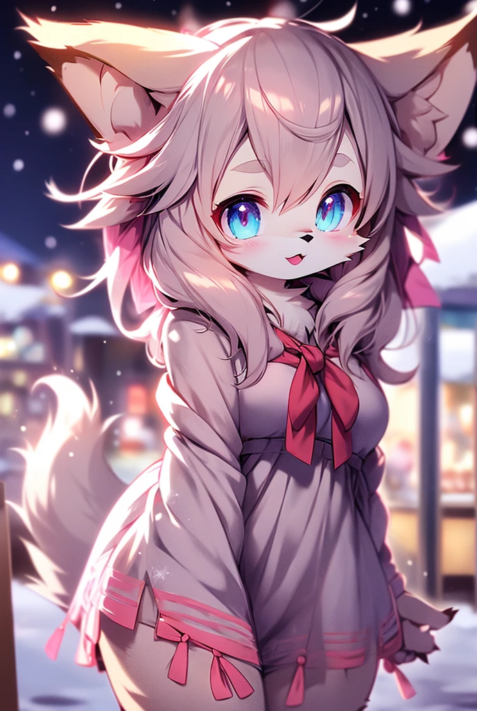 Cute, anime, furry, snow-wolf_girl, eyes_grey, hair_short, hair_grey, ears_large, large_breasts, tail_long, short-dress_pink, hair-ribbon_pink