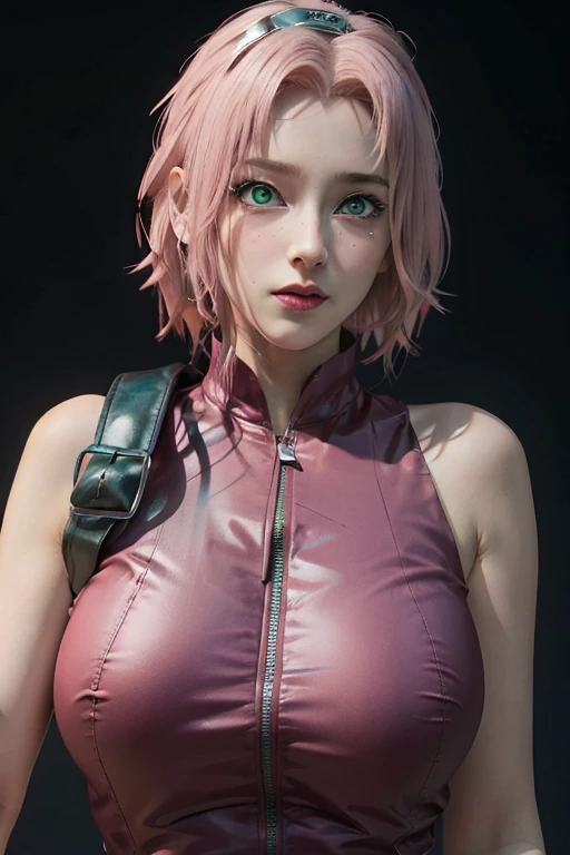 young woman, long pink hair, wide forehead, porcelain skin, pink eyebrows, big emerald green eyes, buttoned nose, thick lips, heart-shaped face, slender body, small breasts, pink leather dress, Sakura Haruno, realistic, realism black details 3d
