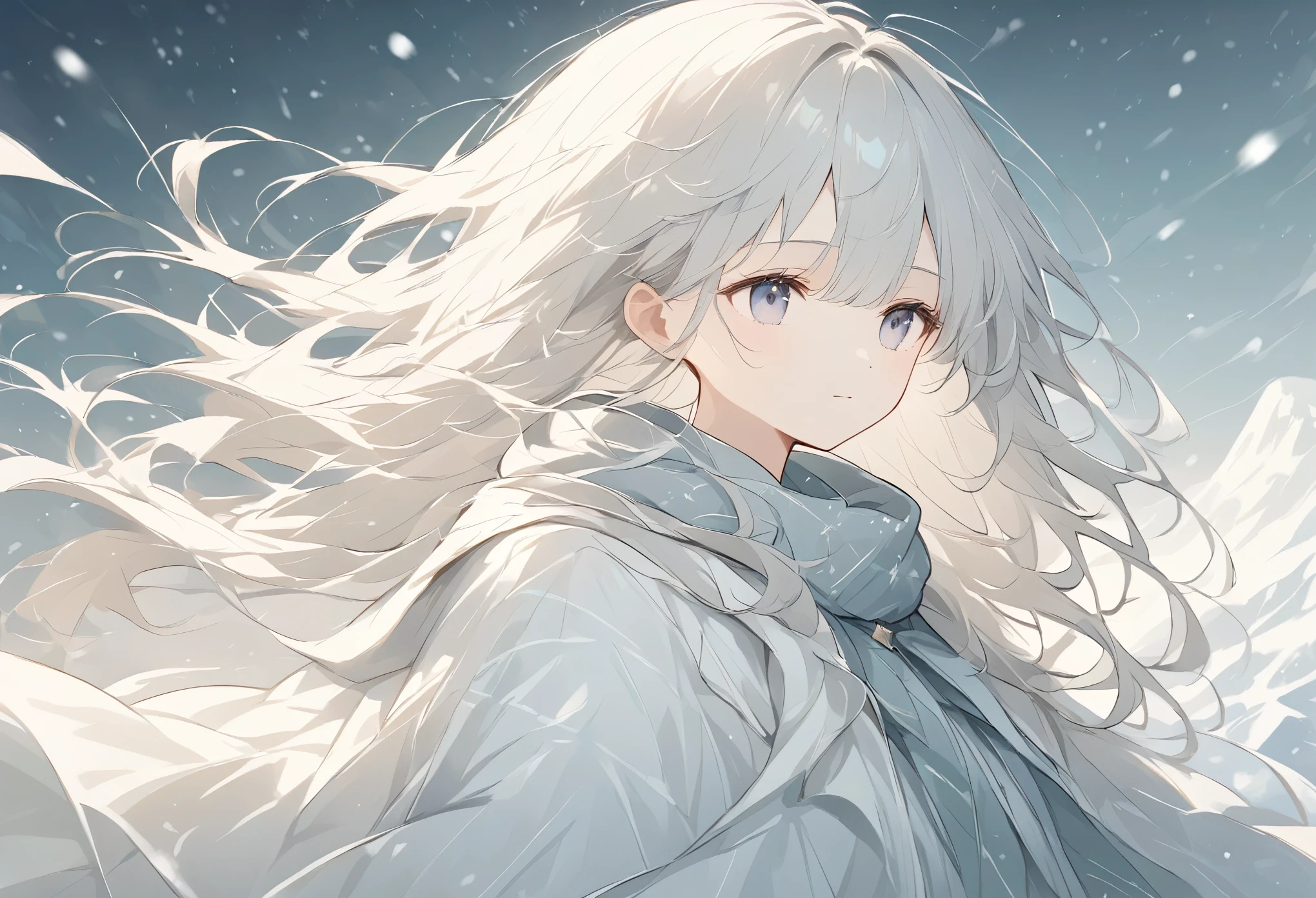 1 girl, alone,Fleeting,Well-formed face,Gray Hair Color,Long Hair