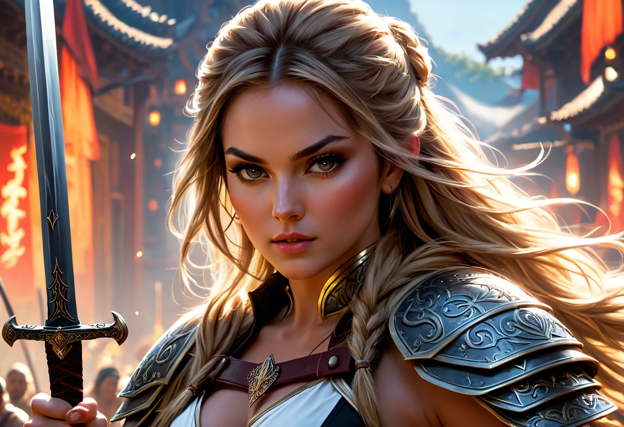 Blonde hair beautiful warrior woman, highly detailed arms and muscles, 1girl, hyper realistic, 8k, realistic, highly detailed, cinematic lighting, realistic skin texture, captivating eyes, flowing hair, holding a huge Ruyi Bang, powerful pose, grim urban environment, dramatic colors, bright atmosphere,