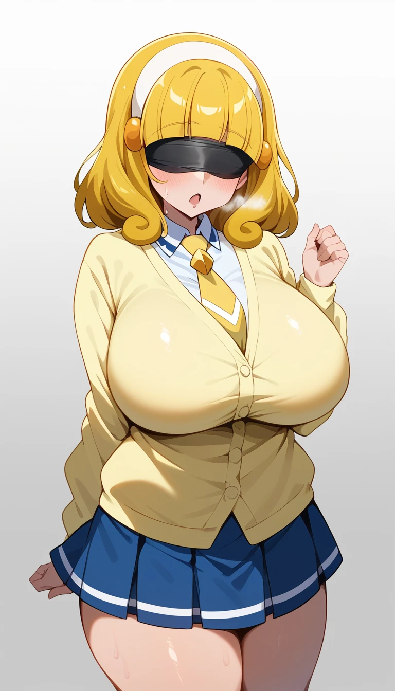 Score 9, Score 8 up, Score 7 up, The evaluation is questionable,
Detailed Background, Shiny skin,what is yayoi, yellow hair, yellow eyes, white hairband, hair ornament, medium hair, nanairogaoka middle school uniform, yellow necktie, yellow cardigan,Huge breasts, Thick thighs、Empty Eyes LoRA / Hollow/Thick thighs in standing pose、Hypnotic Pendulum,Hypnotic state,Hypnotic Eyes、squint、Open your mouth wide vertically、ah、I Agree。 Sweaty、Shortness of breath、全身Sweaty、I can see the valley、Shortness of breath、Steamed、Putting on a collar、Tape sealing / Tape Bondage、Blindfold、Blindfold、