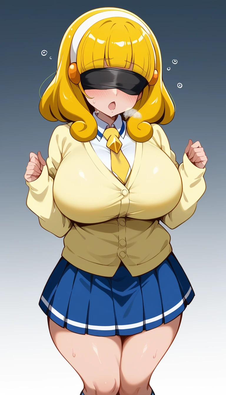 Score 9, Score 8 up, Score 7 up, The evaluation is questionable,
Detailed Background, Shiny skin,what is yayoi, yellow hair, yellow eyes, white hairband, hair ornament, medium hair, nanairogaoka middle school uniform, yellow necktie, yellow cardigan,Huge breasts, Thick thighs、Empty Eyes LoRA / Hollow/Thick thighs in standing pose、Hypnotic Pendulum,Hypnotic state,Hypnotic Eyes、squint、Open your mouth wide vertically、ah、I Agree。 Sweaty、Shortness of breath、全身Sweaty、I can see the valley、Shortness of breath、Steamed、Putting on a collar、Tape sealing / Tape Bondage、Blindfold、Blindfold、