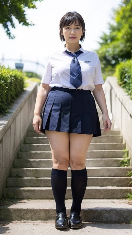 4K、Japanese Mature Woman、50 years old、(((Plump figure、Emphasizes plump thighs)))、Earrings、(High school girl uniform)、Wearing high heels、(Standing on the stairs in the park、Shot from the bottom of the stairs、Photograph the front、Full body shot:1.3)、With pride、((ハイヒールから頭までFull body shot))、Looking at the camera