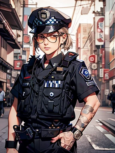 Incredible resolution, high resolution, (tmasterpiece: 1.4), ultra detailed, young man with cigarette, routine patrol, (((((Japanese police officer))))), Glock 17, Solo