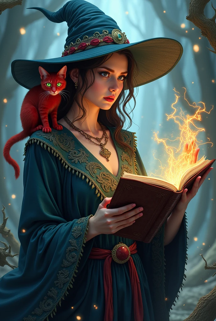 A witch with a hat A brown-haired woman with long straight hair, light brown eyes, eyelashes, tattoos, white with glasses and her witch's knot with her black cat