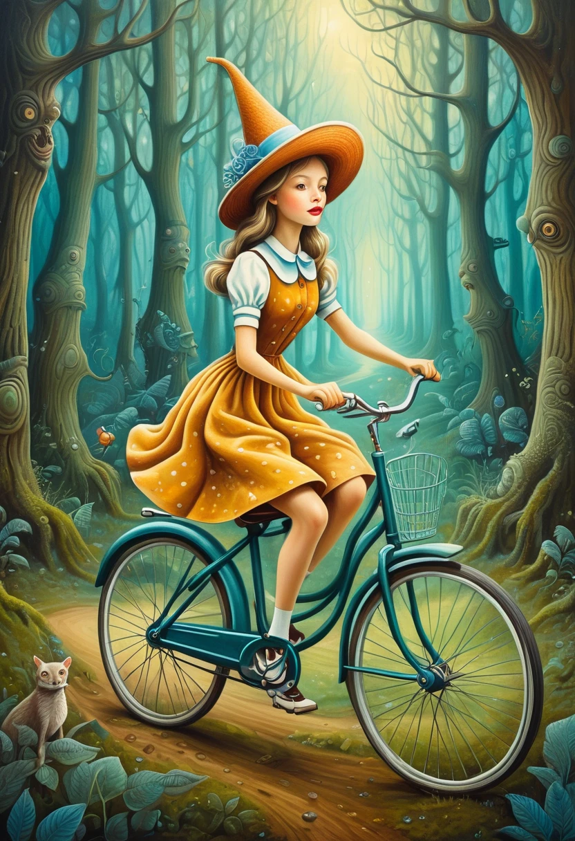 Neo Surrealism, magical realism bizarre art, pop surrealism, whimsical art. Generate an illustration of a painting of a girl with hat riding an old fashioned bicycle on the magic forest 