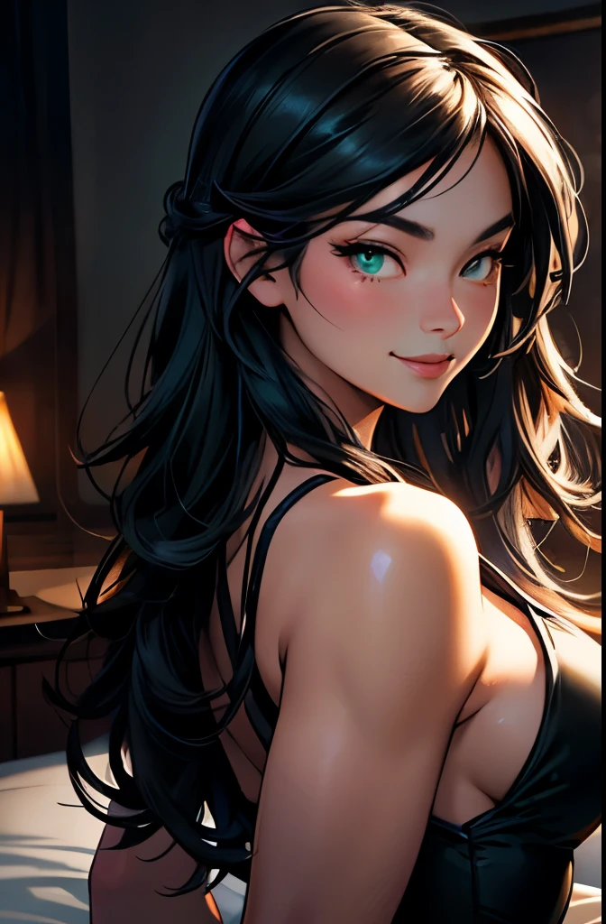 Realistic, a glamour shot of a shy Asian waifu with a wide smile (extremely long wavy black hair), hand on her chin, hard nipples, big ass, leaning toward the viewer, cowgirl pose, with Smokey eyeshadow and knowing smile, heavy eyeshadow and mascara, wearing an evening dress, underboob, side boob, insanely detailed face and green eyes, intricate, hyper-detailed bedroom, a romantic evening, digital illustration, masterpiece, beautiful eyes, atmospheric lighting, centered, perfect anatomy, glowing eyes, candid portrait, clear, very detailed, smooth, sharp focus, focused on the viewer