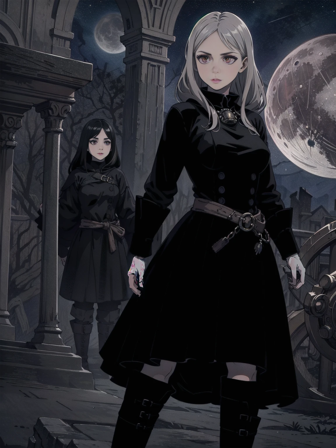 A 20-year-old girl with long silver hair down to her waist, red eyes, and a serious expression. She wears a black dress and tall black boots. Her skin is pale, and her lips are red. She exudes a dark aura. A shadowy monster lurks behind her. She stands in a combat stance, facing forward, with stones rising around her due to her power. The background is a starry night with a full moon in the distance, Ensure the moonlight casts dramatic shadows and highlights the silver sheen of her hair and the dark aura surrounding her, Emphasize the texture of the dress and boots, the glow of her red eyes, and the sharpness of the stones levitating around her, Create a contrast between the dark, ominous aura and the serene, starry sky, with the full moon providing a mystical ambiance, Capture the sense of power and tension in the scene, with the stones mid-air and the girl's stance suggesting imminent action.