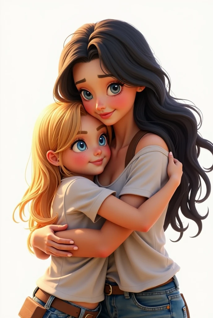 Draw two women hugging as friends, one is blonde with brown eyes and is pregnant, the other is white, with brown hair and blue eyes, all this in the Pixar animation style, and with the title Mari and Narrima best friends