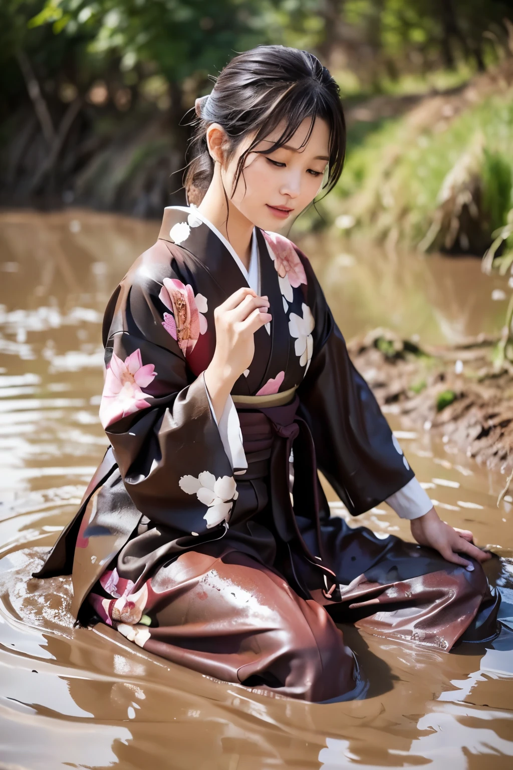 realistic, hakama, kimono, woman, furisode, clothes that stick to the skin, muddy clothes, clothes stained with mud, immersed in muddy water, buried in mud, clothes with lots of mud, woman immersed in muddy water, woman bathed in mud, woman covered in mud, covered in mud, clothes with a wet texture, woman immersed in mud, muddy clothes, floral kimono, clothes partially covered in mud