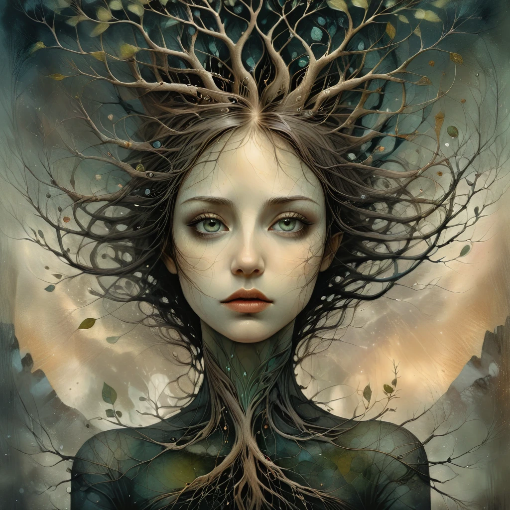 oil and acrylic painting, attractive double exposure . In the style of Andy Kehoe, Dave McKean.  A young woman, a full figure is the tree of life. Her hair are branches moving through the sky like blown glass tubes, her legs are the roots, big and strong sinking into the earth and sinking like drops of ink into water. dark blond hair, gray-green eyes, pale pink lips. detailed face, beautiful eyes, long eyelashes, elegant expression, medieval fantasy landscape, dramatic lighting, moody atmosphere, cinematic composition, digital painting, highly detailed, photorealistic, dramatic lighting, complementary color scheme, intricate details, epic scale, dramatic mood.
