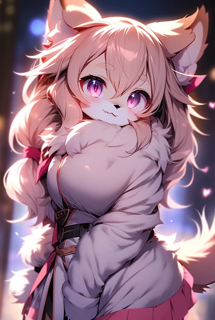 Cute, anime, furry, wolf_girl, fur_,black, eyes_pink, hair_short, hair_black, ears_large, large_breasts, tail_long, hair-ribbon_pink