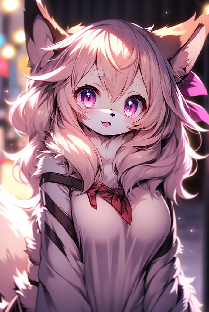 Cute, anime, furry, wolf_girl, fur_,black, eyes_pink, hair_short, hair_black, ears_large, large_breasts, tail_long, hair-ribbon_pink