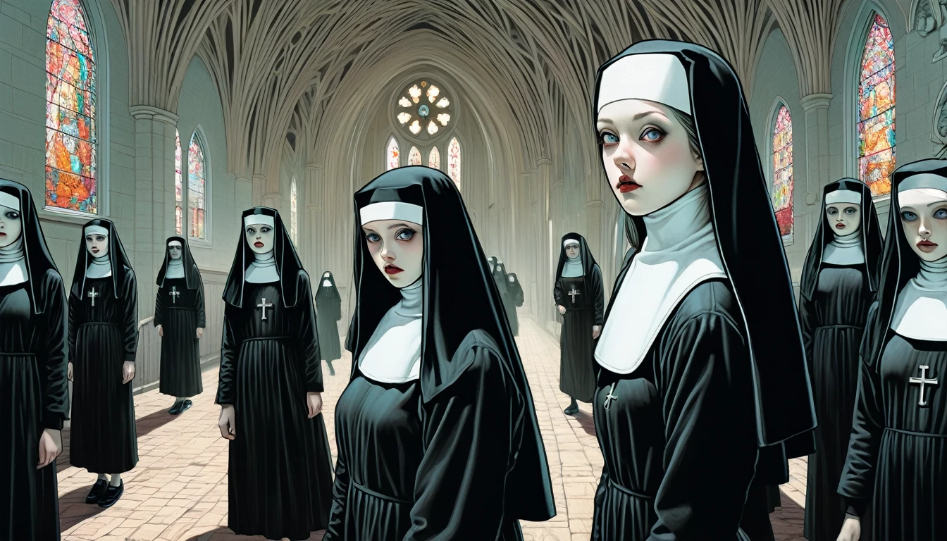 2girls, nuns, miniskirt, black hair, full body shot, lesbian, romance, clyde caldwell