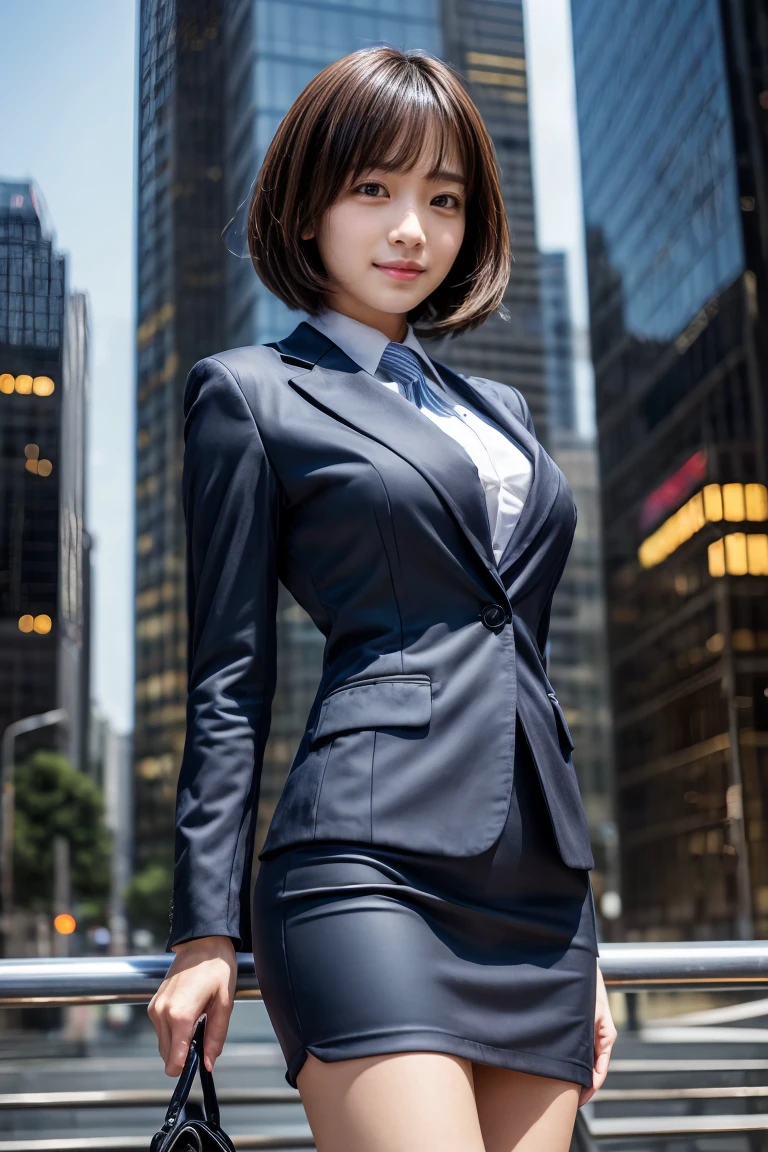 (8k, Best Quality, Masterpiece:1.2), (Realistic, Photorealistic:1.37), Ultra Detail, 1 Girl, Full Body, Outdoor, (Adjusted Hair:1.5) Office Lady, Black Office Blazer, Office Skirt, (pantyhose: 1.2), (short button-down shirt: 1.2), button-up collar prim, button-down collar prim, bra, (pantyhose: 1.2), alpha layer, high heels, beautiful earrings, cute, solo, beautiful detailed sky, (smile: 1.15), (closed mouth), small breasts, beautiful detailed eyes, business attire, (short hair: 1.2), floating hair NovaFrogStyle,