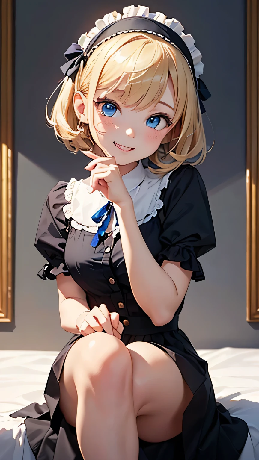 (Masterpiece), (Best Quality), (Illustration), (Very Delicate and Beautiful), (Perfect Anatomy), Girl, (Kagamine Rin), Angel, Incredibly Cute Girl, (Small), Cleavage, Transcendent Beautiful Girl, Blue Archive Style, , Junior High iful Face, Charming Girl, Clear Blue Eyes, Beautiful Eyes, Young Face, Innocent Face, Innocent Face, Innocence, (Short Hair), (Blonde), Number tattoo, white hair ribbon, (smile), blush, (crawling), (holding hands on the floor and looking into the viewer), facing forward, (sailor suit), sleeveless, upward, pampering face