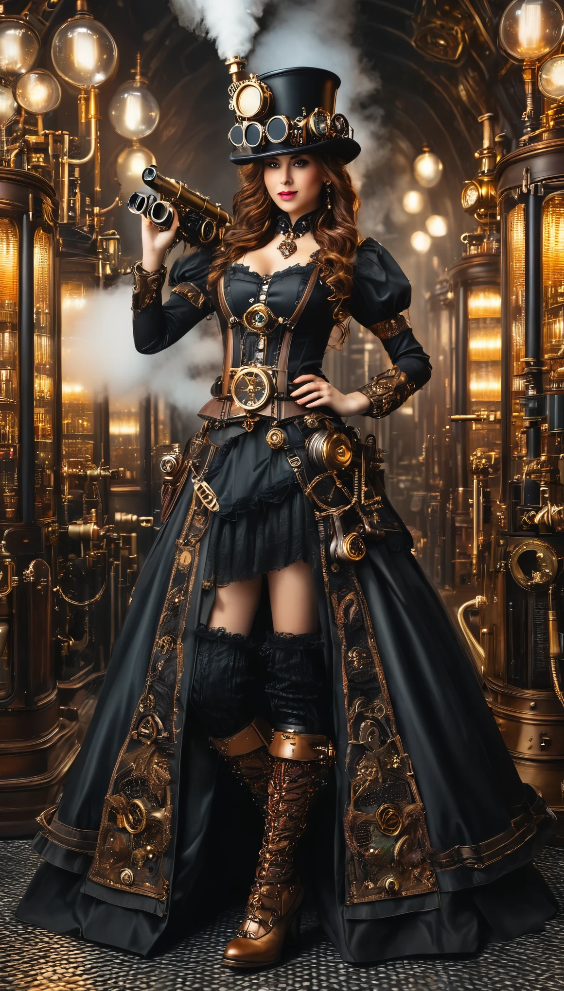 Woman in steampunk costume taking photo, wearing steampunk attire, steampunk fantasy style, full height, full body, see foots, (Steampunk), a steampunk beautiful goddess, steampunk beautiful woman, Steampunk Girl, Steampunk style, steampunk fantasy, Steampunk, steampunk inventor girl, golden steampunk, steampunc, steampunc, Set in a steampunk world, Vivid steampunk concept