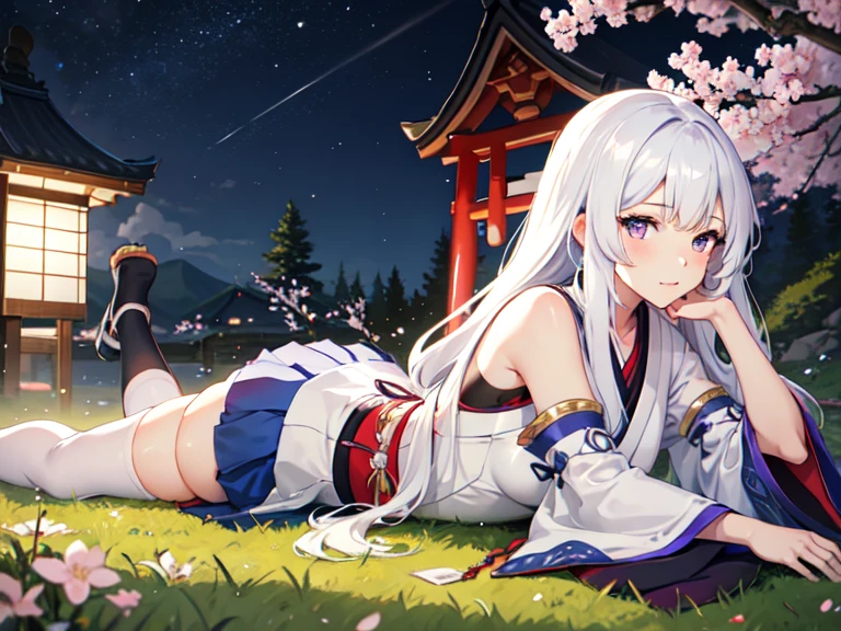 Movie angle,night,null,Beautiful Clouds,Detailed Background,constellation,starry null, One girl,alone,Glowing Skin,Tilt your head,smile,whole body,Wide Shot,(kimono, Floral print, heart, ribbon, yukata:1.2),Crystal of snow,Knee socks,Reflection Bed, whole body, (8k, RAW Photos, Highest quality, masterpiece:1.2, masterpiece8k.High resolution. High resolutionの不条理:1.2, Film Grain, Blurry bokeh:1.2, Lens flare, (Bright colors:1.2), (delicate)),sexy