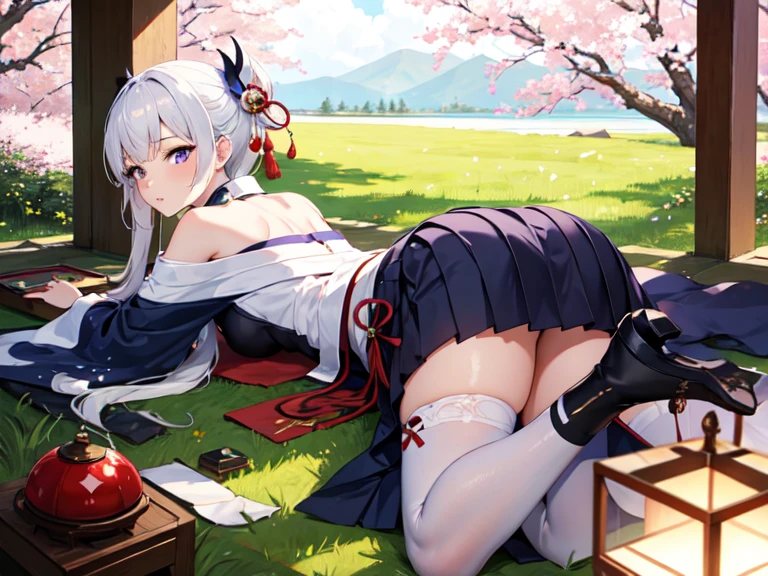 ((highest quality)),((masterpiece)),((High resolution)),(Japanese Shrine Maiden),((Sexy Japanese clothing)),Anime Girl,White Hair,((Leg spread)),tits,Big Breasts,shrine,(Japanese-style room),Sleeping on a futon,Overlooking,A top-down view,Female organ,((Creampie)),(((Bukkake))),((((semen))))