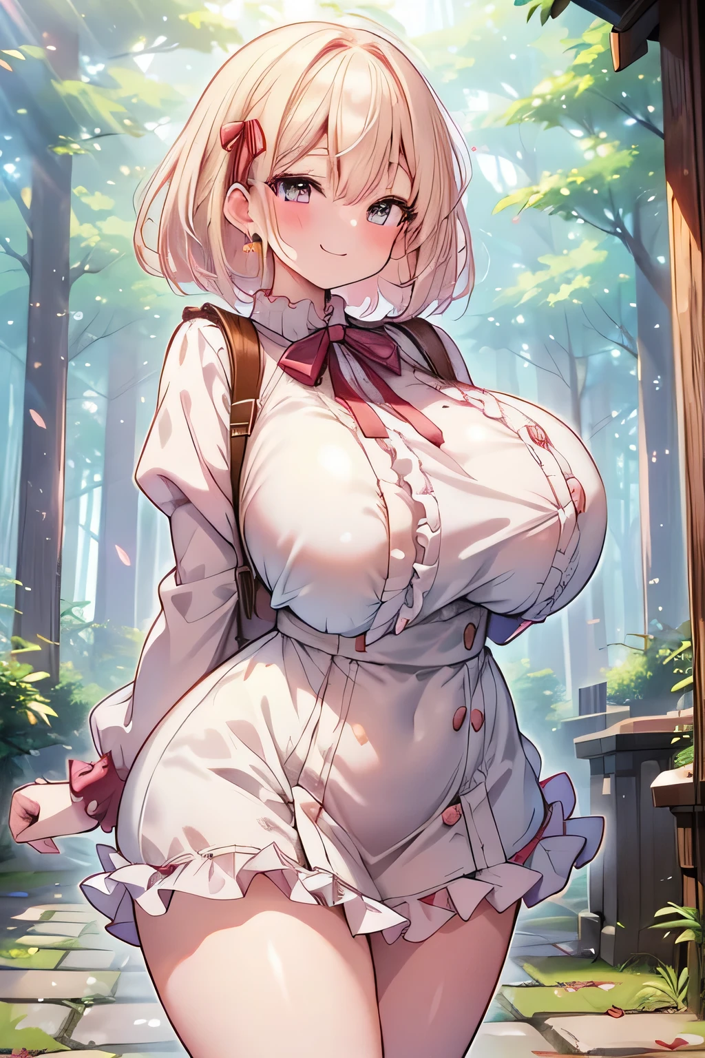 Hentai、High resolution、Fantasy、Sleepy smile、Cobblestone road in the forest、A busty gal with a sense of weight showing off her charms on the approach to the shrine、Perfect proportions、Frill dress、Cowboy Shot、Fatty thick legs、Clear eyes、Draw hands correctly