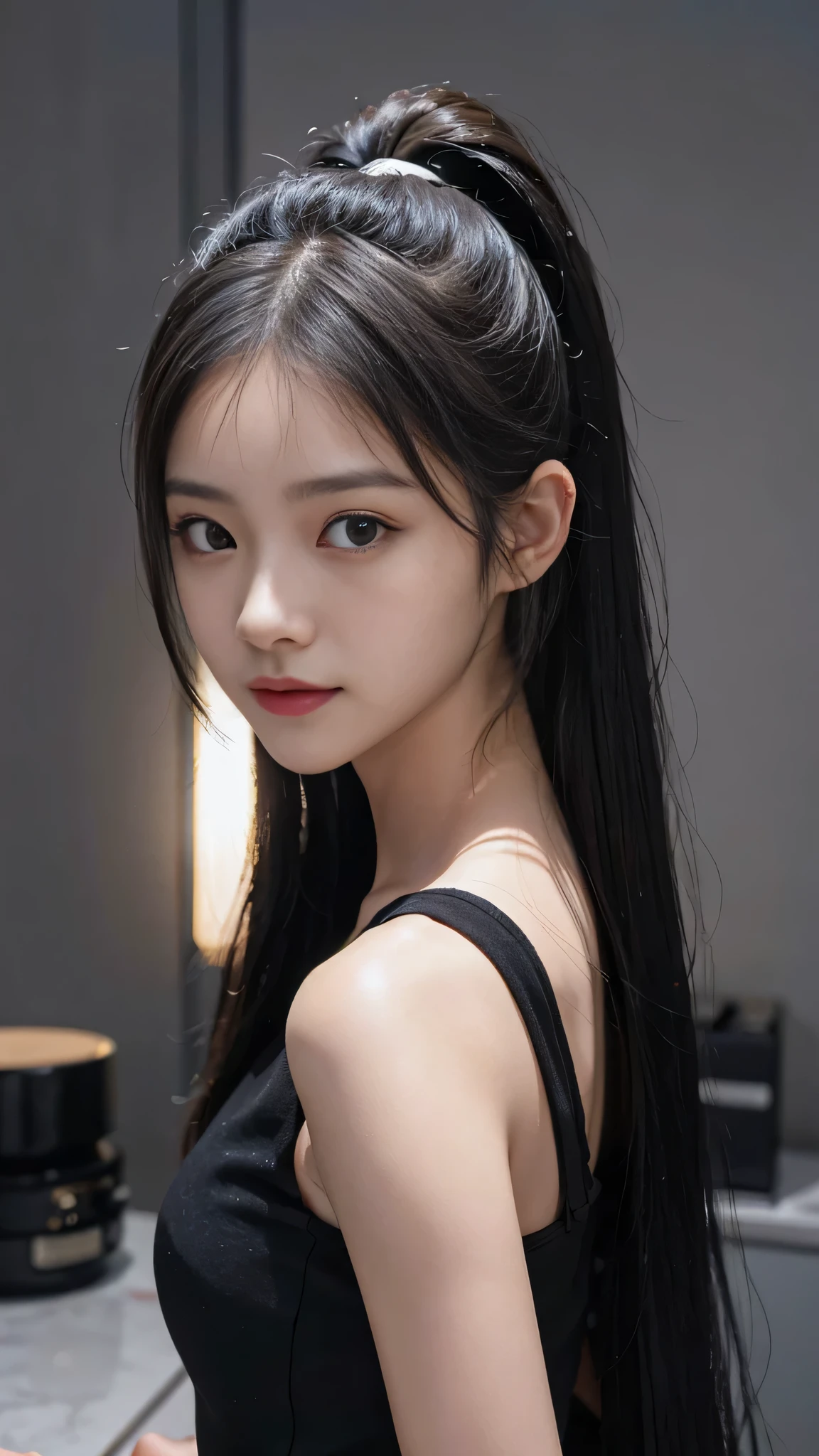 8K, Top Quality, Intricate Details, Ultra Detail, Ultra High Resolution, Masterpiece, close up shot, (full body: 1.1), Slender, Smile, (Makeup: 0.4), (Fluffy Blue Eyes: 1.21), blue Eyes, ((full body)), 1girl, solo, 1 girl, (( full body)), close up shot, , ((tall)), (((fit body))), (((slim face))), sharp face, sharp eyes, (( black hair, long hair, random hairstyle )) , (detailed face), sharp face, small lips,
((sexy black denim)), detailed face, detailed breast, , large breast, detail ass, , Beautiful girl with accentuated slender abs: 1.4, Six Pack Abs: 1.4, Bust Botox, Big, Perfect Body, detail leg, (( dark background)), black background,