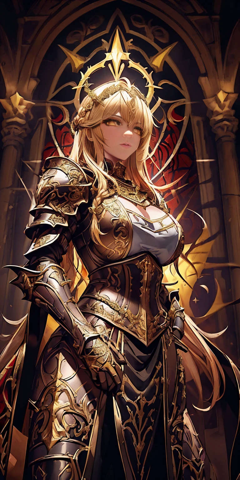 upper body of paladin lady in ornate golden armor, black collar, pauldrons, breastplate, corset, glowing halo, single braid, blonde, yellow glowing eyes, bright pupils, eye focus, red cape, temple indoors, stained glass windows, night, moonlight, particles, light beam, chromatic aberration