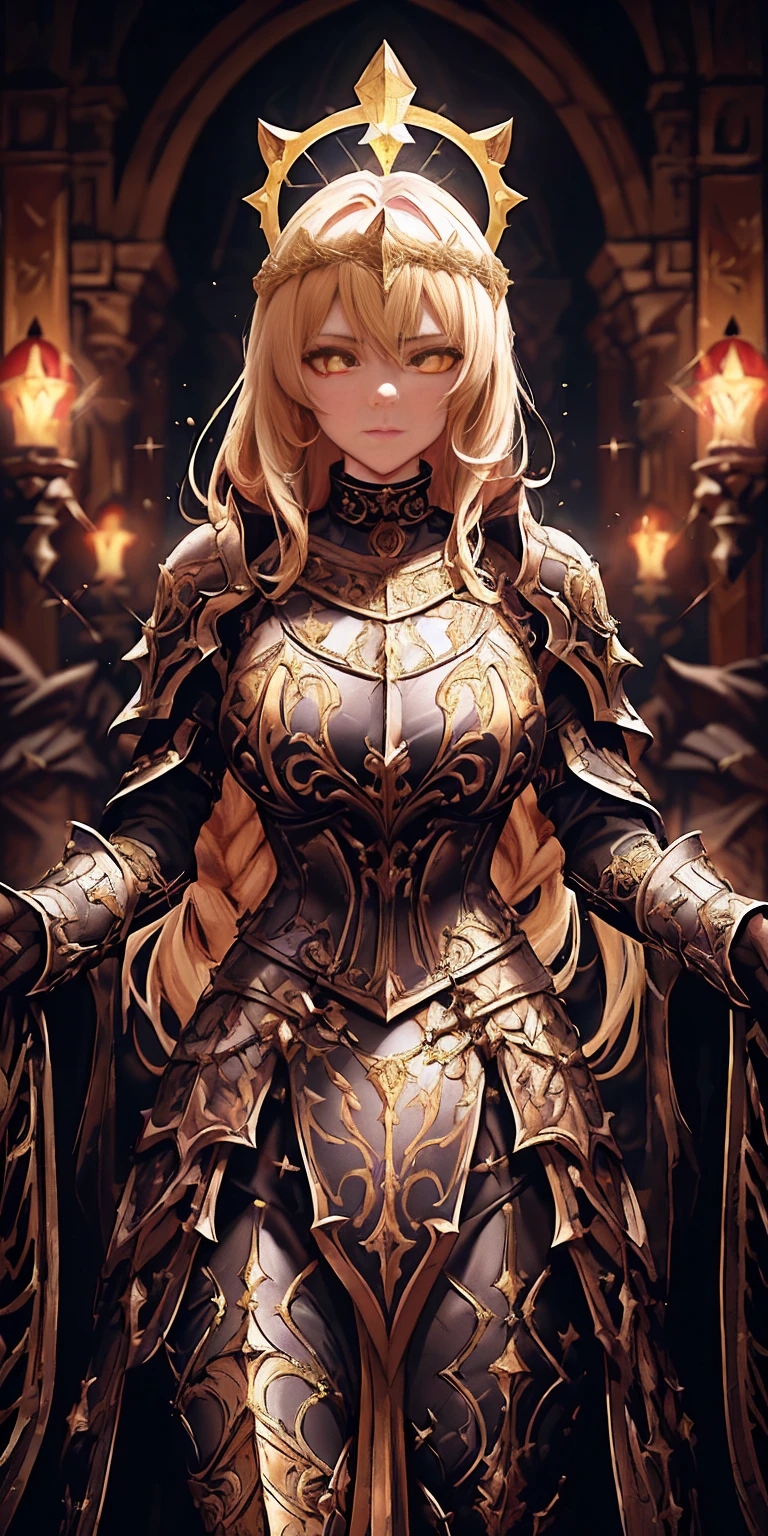 upper body of paladin lady in ornate golden armor, black collar, pauldrons, breastplate, corset, glowing halo, single braid, blonde, yellow glowing eyes, bright pupils, eye focus, red cape, temple indoors, stained glass windows, night, moonlight, particles, light beam, chromatic aberration