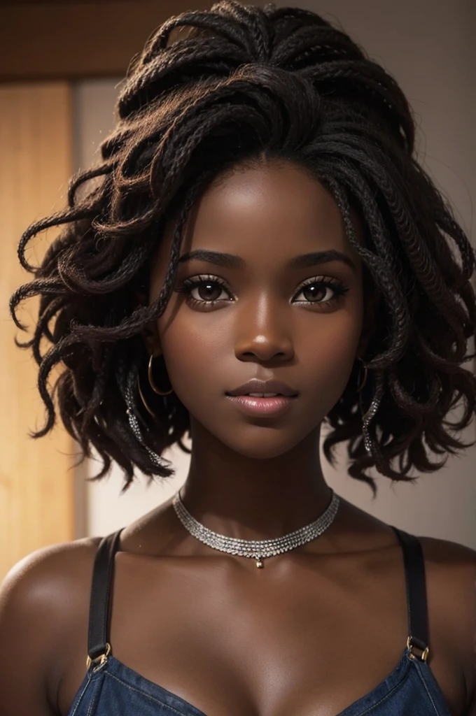 cute hair, African dark chocolate skin, teenager, beautiful face, deepest African ebony, showing big breasts, NSFW, upper body focus, African bright hair beauty