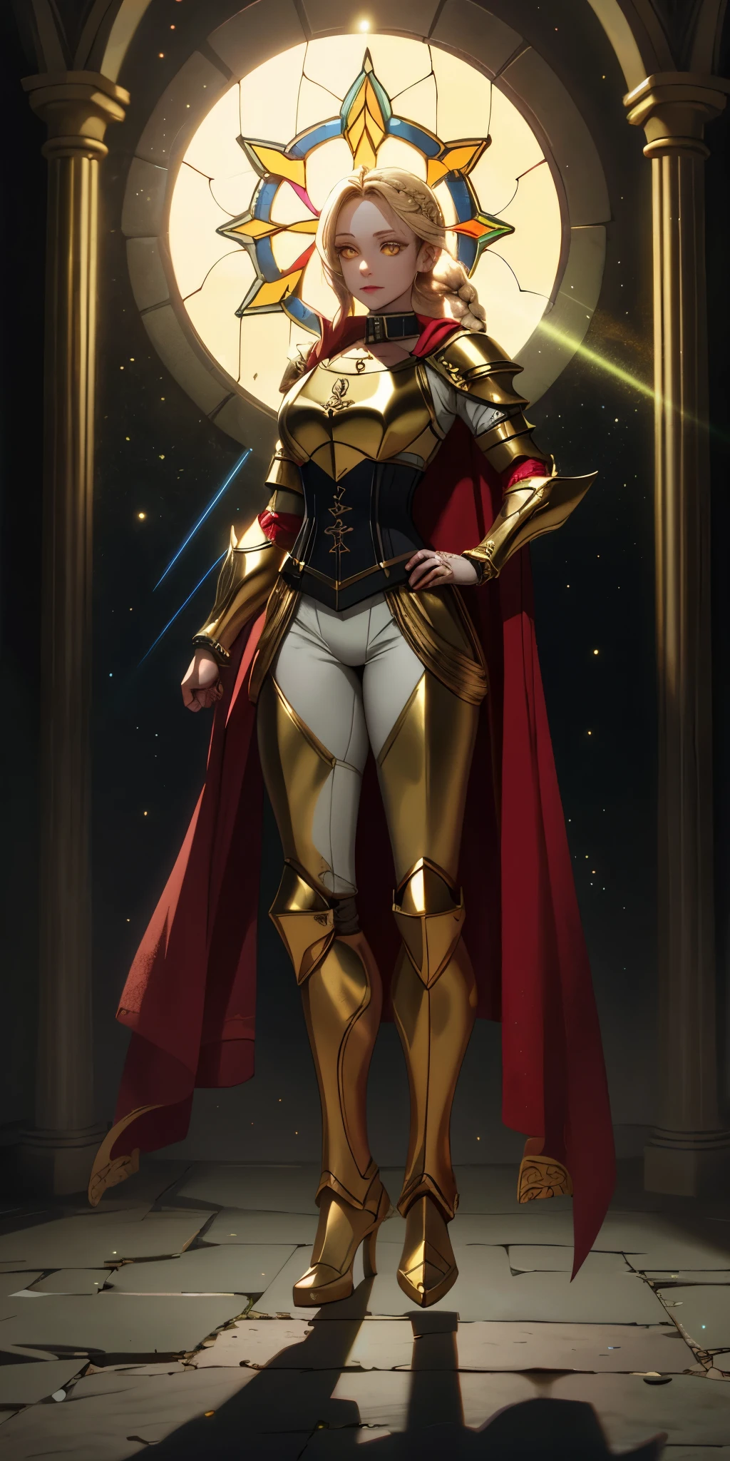 full body of paladin lady in ornate golden armor, black collar, pauldrons, breastplate, corset, glowing halo, single braid, BRUNETTE , yellow glowing eyes, bright pupils, eye focus, red cape, temple indoors, stained glass windows, night, moonlight, particles, light beam, chromatic aberration