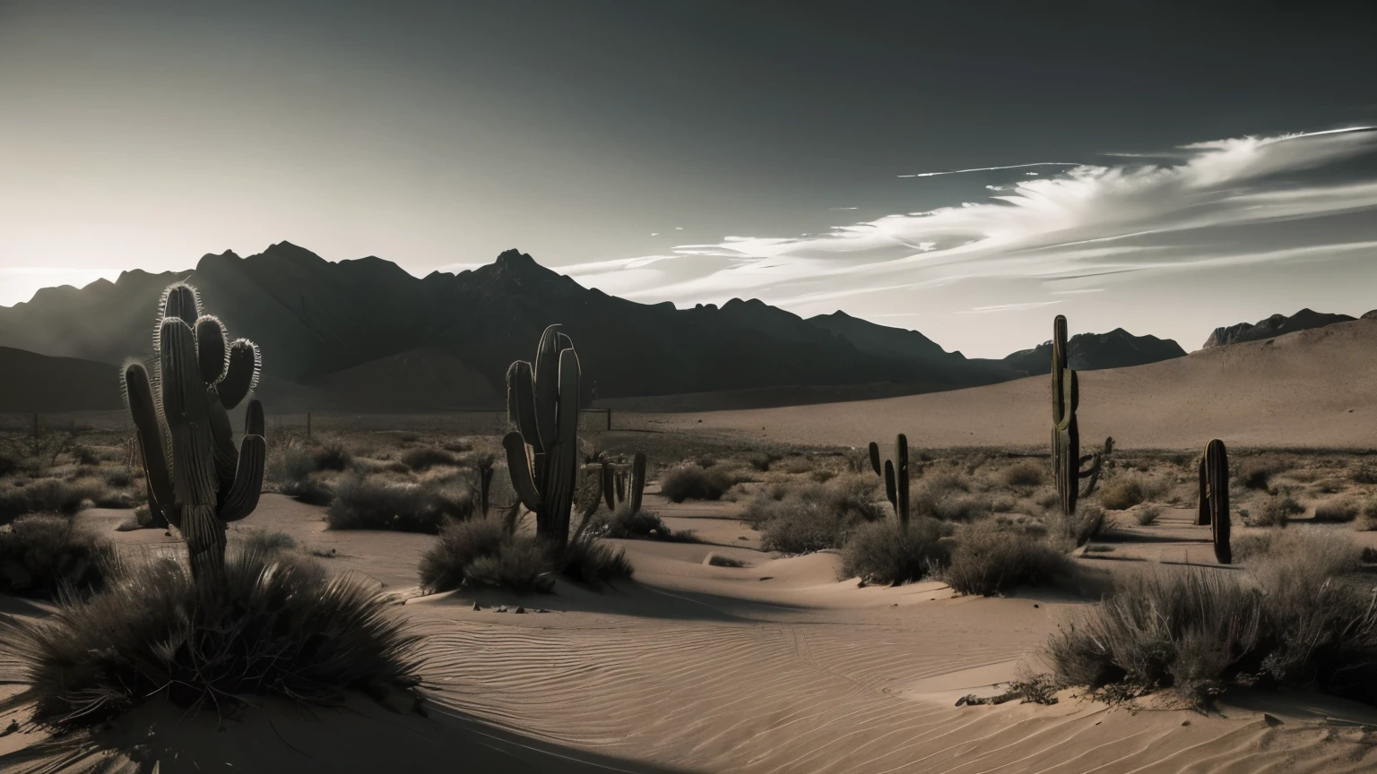 {{A ((dark and ominous)) depiction of {Mexican soldiers in a desolate desert landscape}} with {((expressions of vigilance and subtle terror))}. This is a {((dark realism-inspired))} image that showcases {((the harsh and unforgiving nature of the desert environment, combined with the psychological tension of the soldiers))}. The environment/background should be {((an expansive, arid desert with sparse cacti, rugged terrain, and a dim, cloudy sky))} to create an {((atmosphere of isolation and dread))}. The image should be in the style of a {((digital illustration))}, incorporating elements of {((high contrast, sharp details, and textural emphasis on sand and worn equipment))}. The {((medium shot))}, captured with a {((35mm lens))}, will provide a {((focused yet atmospheric view of the soldiers and their surroundings))}. The lighting should be {((soft and eerie, with deep shadows and highlights on the soldiers' faces))}, emphasizing {((the sense of foreboding and the harshness of the environment))}. The desired level of detail is {((ultra-high))} with a {((4K resolution))}, highlighting {((the intricate details of the soldiers' gear and the desert terrain))}. The goal is to create a {((gripping, atmospheric))} image that draws viewers into its {((tense and foreboding world))}.