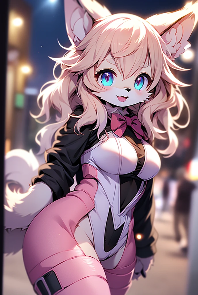 Cute, anime, furry, wolf_girl, eyes_pink, hair_short, hair_pink, ears_large, large_breasts, tail_long, bowtie_black, bodysuit_black