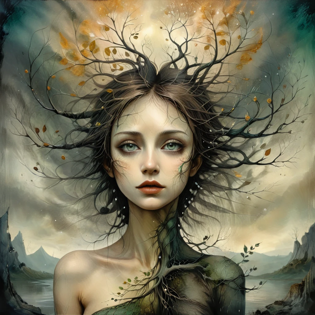 oil and acrylic painting, attractive double exposure . In the style of Andy Kehoe, Dave McKean. A naked, full-length young woman is the tree of life.  Her hair are branches moving through the sky like blown glass tubes, her legs are the roots, big and strong sinking into the earth and sinking like drops of ink into water. dark blond hair, gray-green eyes, pale pink lips. detailed face, beautiful eyes, long eyelashes, elegant expression, medieval fantasy landscape, dramatic lighting, moody atmosphere, cinematic composition, digital painting, highly detailed, photorealistic, dramatic lighting, complementary color scheme, intricate details, epic scale, dramatic mood.
