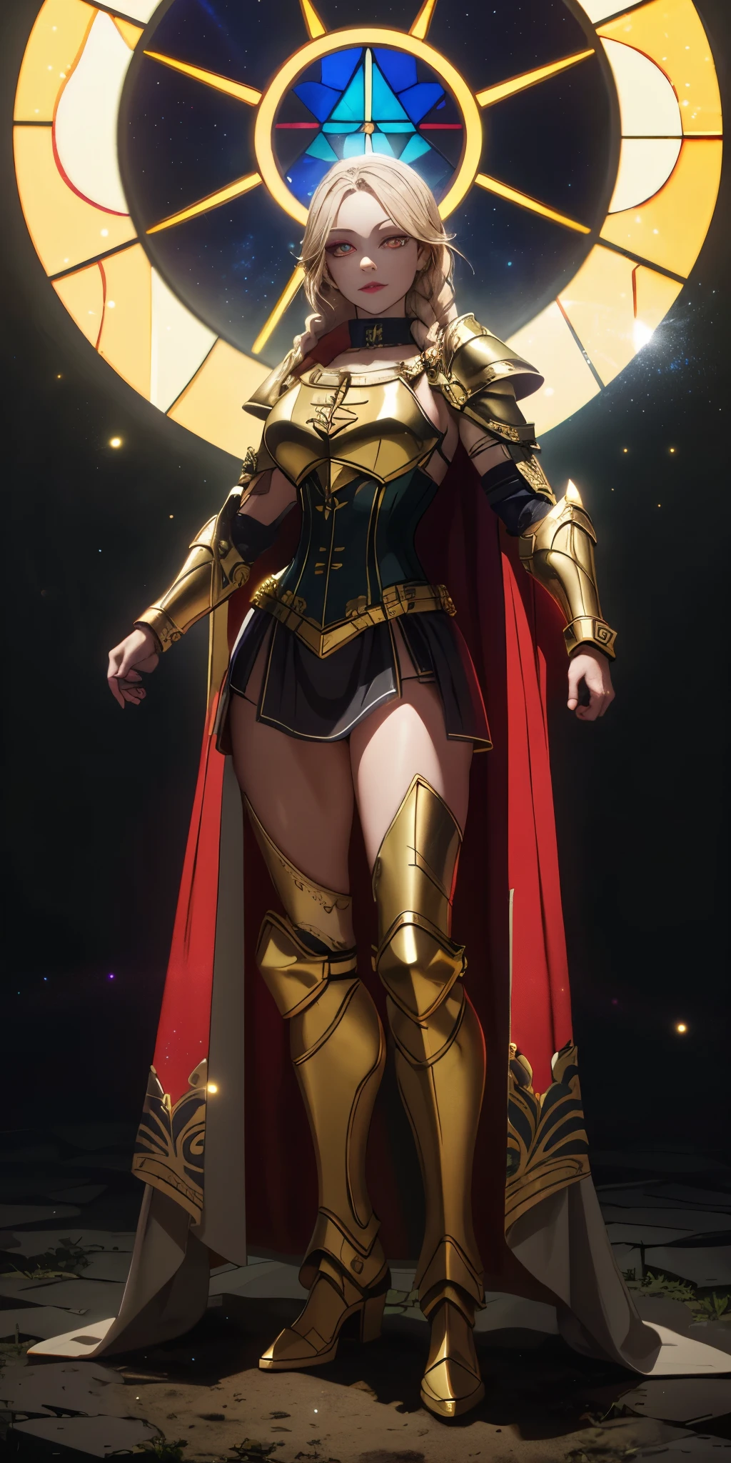 full body of paladin lady in ornate golden armor, black collar, pauldrons, breastplate, corset, glowing halo, single braid, BRUNETTE , yellow glowing eyes, bright pupils, eye focus, red cape, temple indoors, stained glass windows, night, moonlight, particles, light beam, chromatic aberration