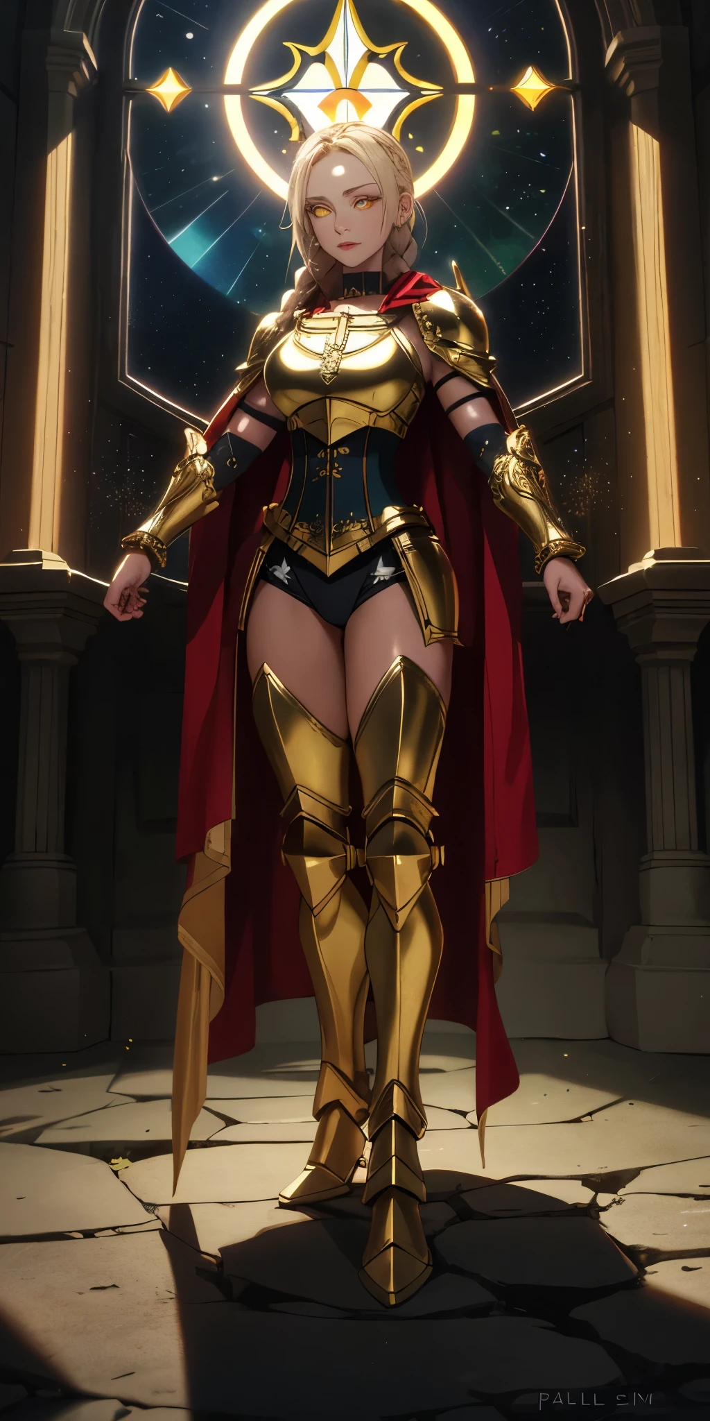 full body of paladin lady in ornate golden armor, black collar, pauldrons, breastplate, corset, glowing halo, single braid, BRUNETTE , yellow glowing eyes, bright pupils, eye focus, red cape, temple indoors, stained glass windows, night, moonlight, particles, light beam, chromatic aberration