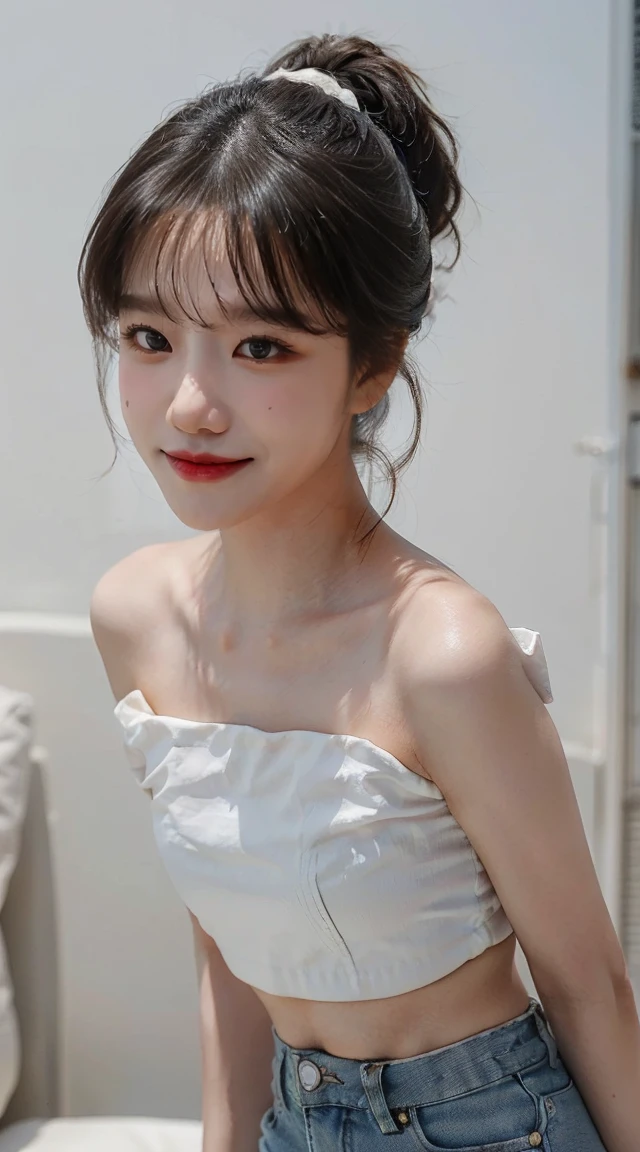 ((Best picture quality), Korea 20 years old, luxury yacht, High resolution, Natural and smooth implementation, head and body balance, Delicacy, thin legs, ((Dark brown hair, very), Highly detailed face and skin texture, Eye for detail, shy smile, Gravure idol, Best picture quality, Reality, cute 외모, K-pop makeup, narrow waist, White and clear skin, cute, Narrow pelvis, Ponytail, Skinny body type, Young body type, Small pelvis, small shoulder, White crop tube top, Wearing short denim shorts, An angle that shows the whole body, slender thighs, narrow thighs