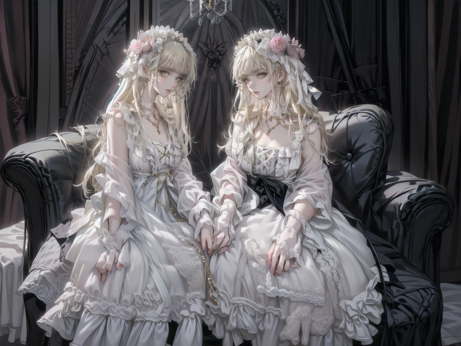 (8k, Best Quality, masterpiece: 1.2), Ultra-high resolution,,Marie Antoinette,Ultra-detailed face,Fine grain,Open your mouth a little,(Blonde),Long Hair,Wavy Hair, break,Rococo Ruffle Dress,Long sleeve dress,The dress includes an extra long skirt,Baroque Dress, Intricate fantasy dress, glamorous ruffled dresses, Romantic Dress, Ruffled Costume,Raffle, Data Style, Formal Wear, Fancy Fashion, palate colors include pink and white,(pink:1.5),Class A Smile,Gold Tiara, necklace,Sit in a luxurious chair,Hands on knees,(Rainbow light:1.4),,Profile of a person gazing out a window,The rosebush is reflected in the window,(Inside Victoria Palace)、Her eyes sparkle、Now her blonde hair reaches down to her waist、Rose-colored gradation and three, 薄いpinkのロック. 彼女は花柄の装飾が施されたGold Tiaraを着用し、Matching earrings, White flower choker. 彼女は金色のボタンで縁取られたフリル付きの白いストライプのpinkのトップを着ている, The white sleeves are shaped like flower buds.. A magenta ribbon runs along her chest.、Tied behind the neck、Matching chest piece, Decorated with flowers. Her frilly skirt is divided by a white lining, Fastened with a large magenta ribbon、Decorated with gold, There is a small ribbon on the back. Her miniskirt is、薄いpinkのマゼンタの貝殻状の裏地と白い花のペチコートでできている. 彼女はpinkの花がついた白い手袋も着用している, 白と薄いpinkの靴には、ゆるいカフとDecorated with flowersたマゼンタのリボンがある.
