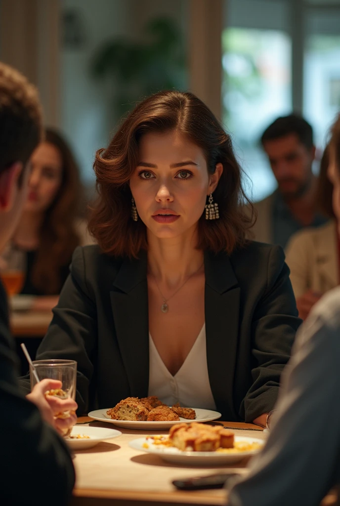 photo of a confident assassin named Emily, wearing a little black dress, inside a French restaurant, silverware, table cloth, backlit, 8k uhd, dslr, soft lighting, high quality, volumetric lighting, (CinemaHelper:1.2), centered