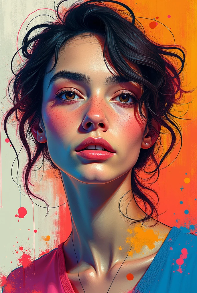 "Create an abstract portrait of a non-binary individual that conveys a sense of vibrant energy and individuality, with a distinctly hand-made feel. Use dynamic, swirling lines and irregular shapes to express movement and personality. Opt for a bright, eclectic color palette that blends contrasting hues to reflect the subject’s unique character.

Incorporate textures and brushstrokes that suggest a tactile, hand-crafted approach, with visible imperfections and layers adding depth and interest. Abstract the facial features into energetic, flowing forms, focusing on capturing the essence and spirit of the subject rather than precise details. The artwork should evoke a feeling of lively self-expression and personal identity through its organic and handcrafted elements.