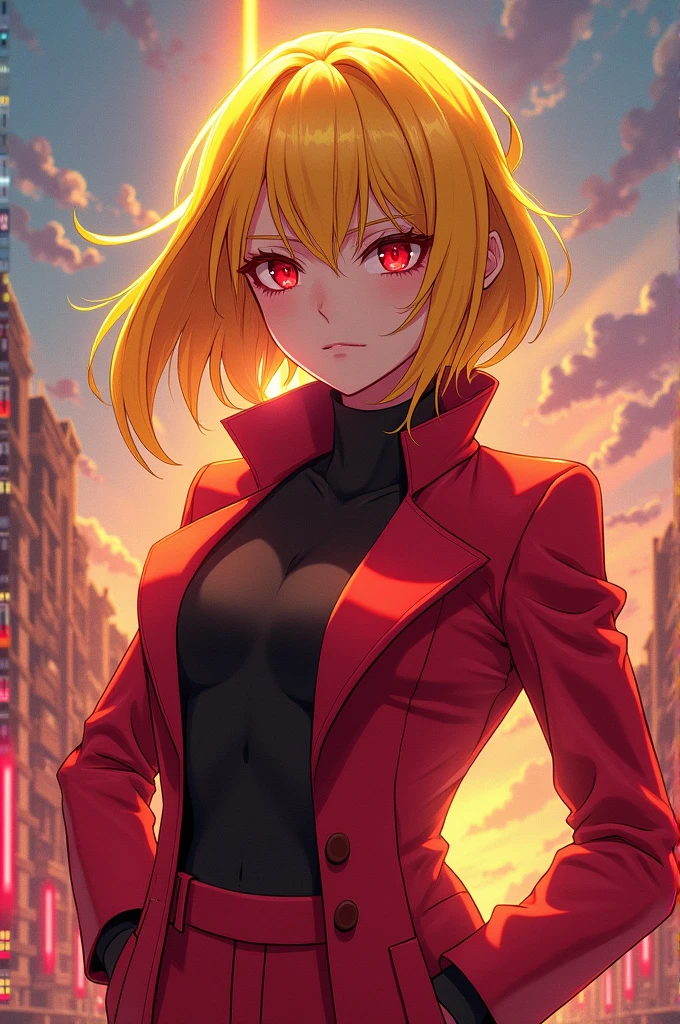 White woman, short blonde hair (above shoulder), crimson red eyes, teacher's outfit, katana on the back, red clothes, leather jacket