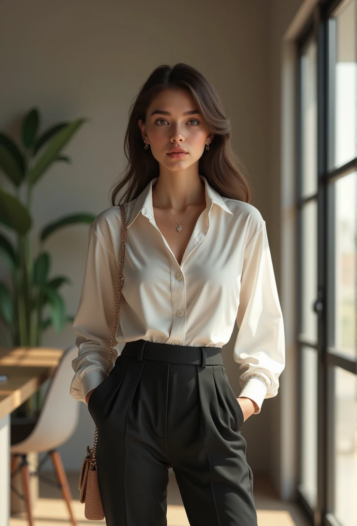Generates an image of a beautiful young woman with an athletic body, light brown hair and green eyes, about 18 years old dressed in office clothes and a short skirt sitting at a desk