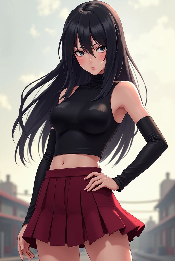 a girl, black hair, 1980s (style), red sleeveless dress, long hair,